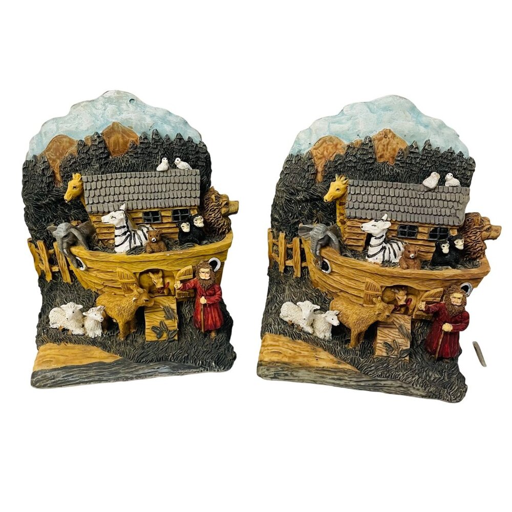 Noahs Ark Nursery Bookends Childs Decor Anima; Religious Carved Library Resin 6.